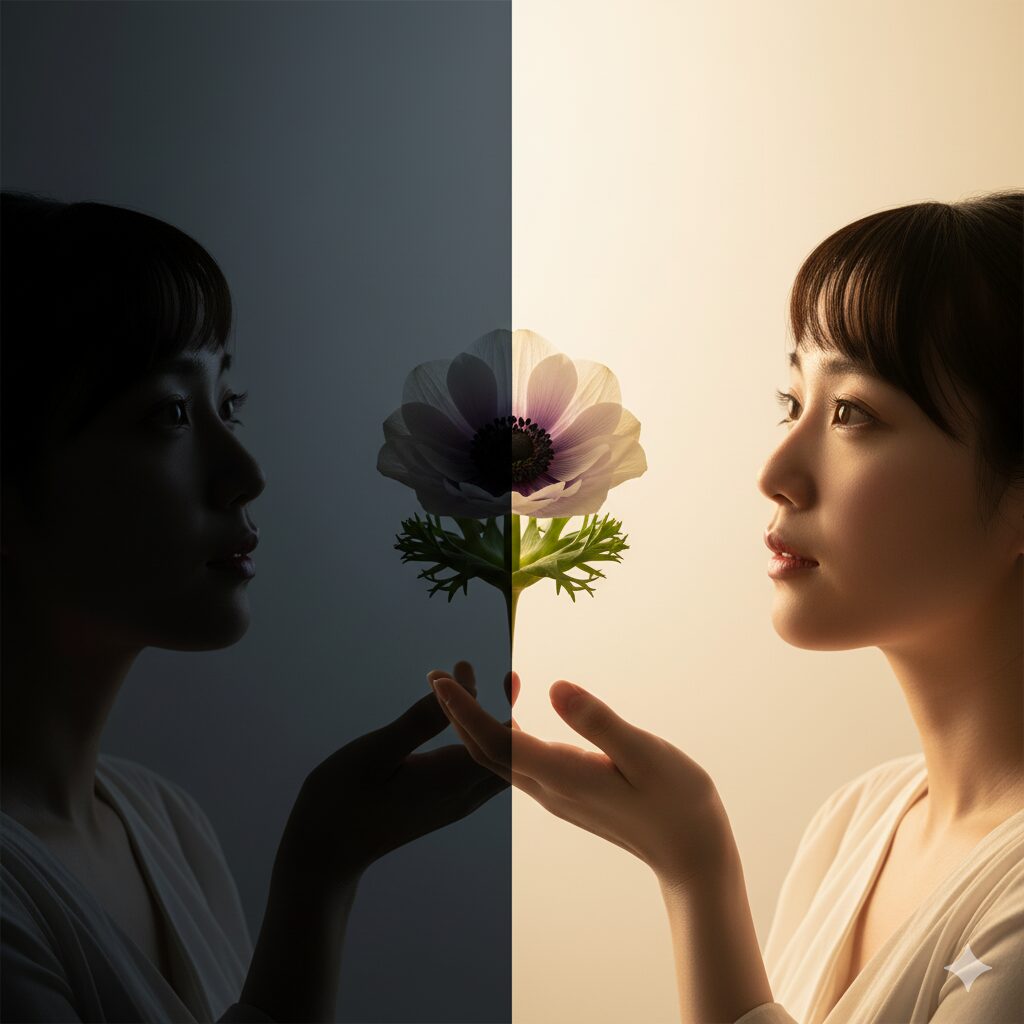 アネモネの花言葉が持つ光と影の二面性を表現したイメージ