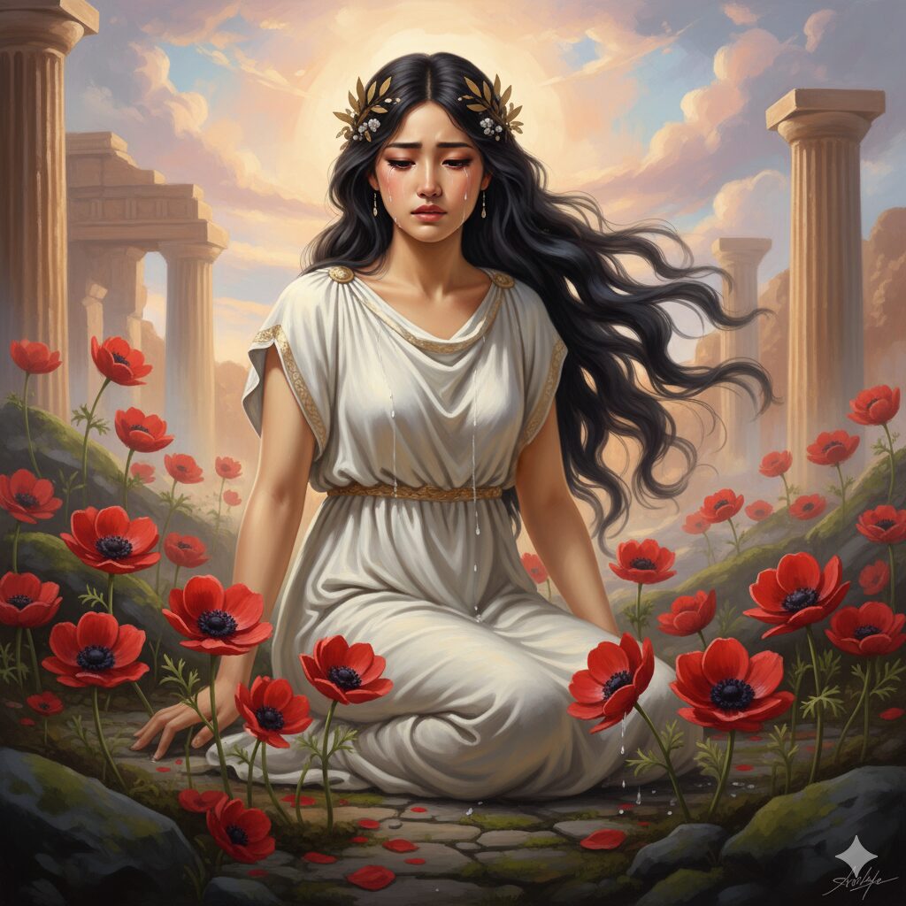 ギリシャ神話のアフロディーテの涙から赤いアネモネが咲く様子