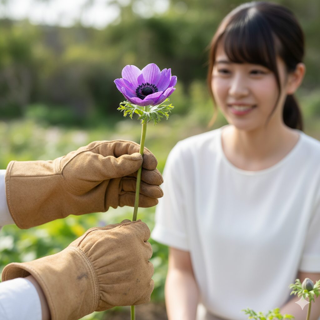 アネモネの樹液に触れないようガーデニング手袋をして手入れをする様子