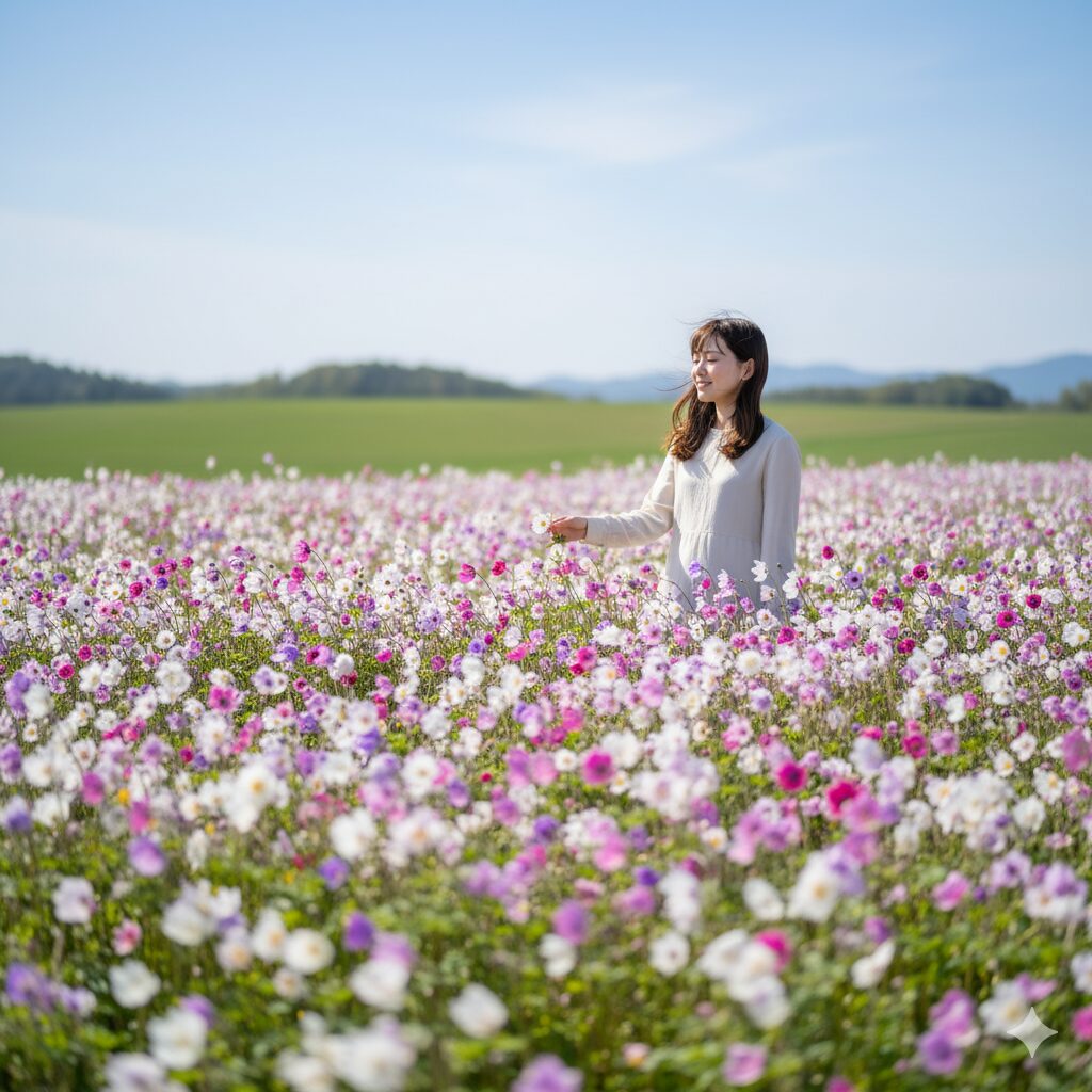春の風に揺れるアネモネの群生（ウインドフラワー）