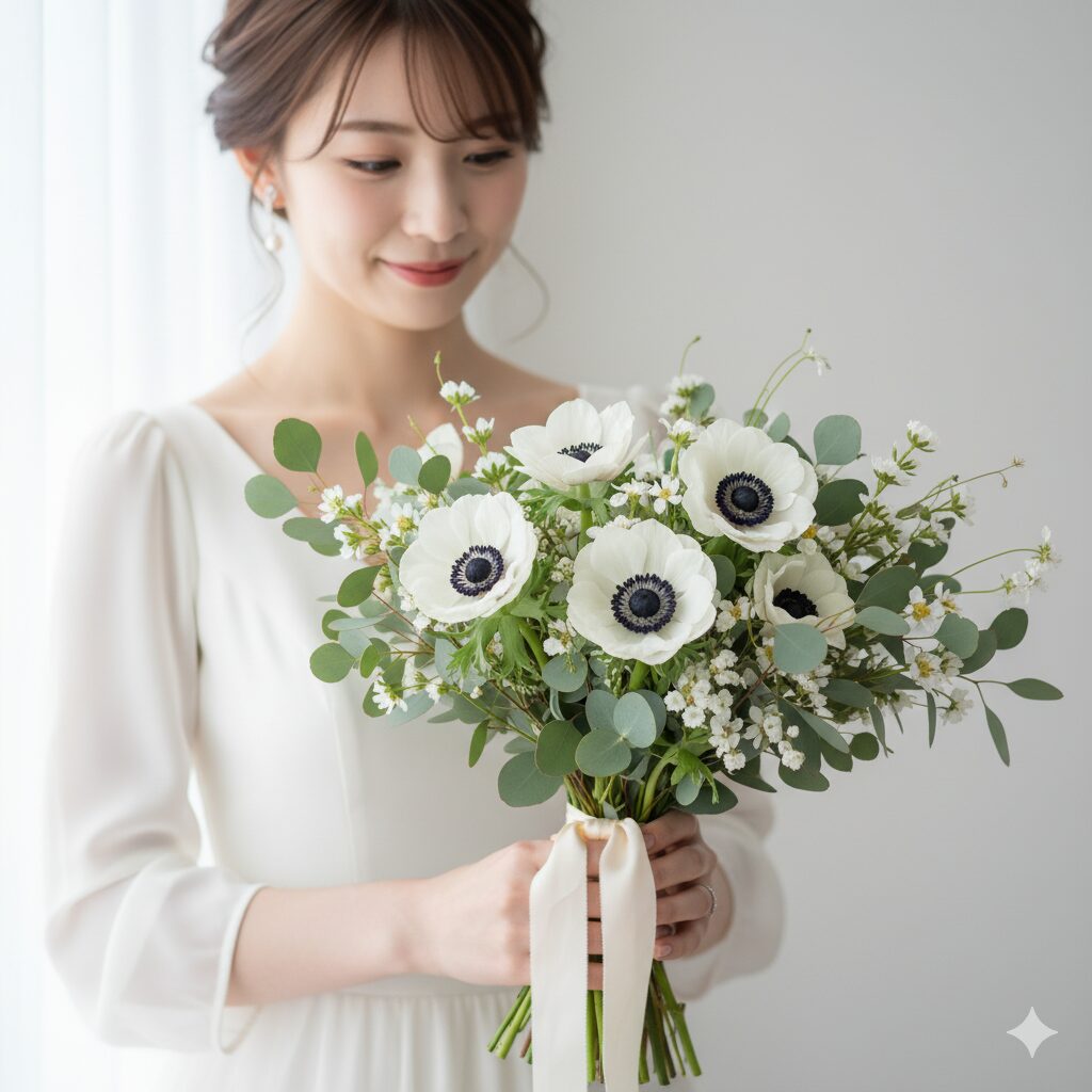 結婚式や祝い事に使われる白いアネモネのウェディングブーケ
