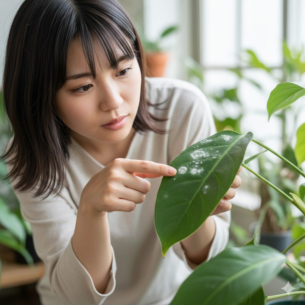 うどん粉病の初期症状である、植物の葉の表面に現れた小さな白い斑点(ぽつぽつ)