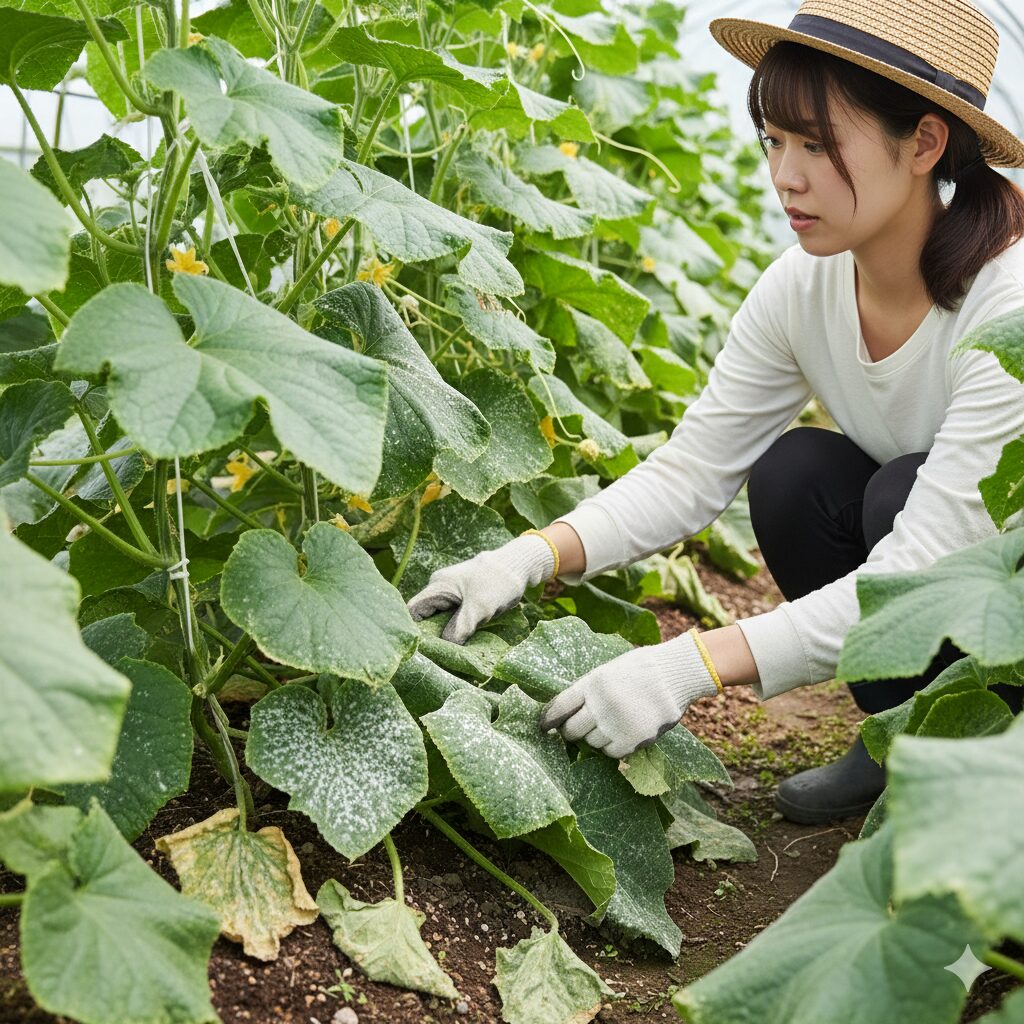 うどん粉病の原因となる、密植状態で葉が重なり合い、風通しが悪くなった植物の株元