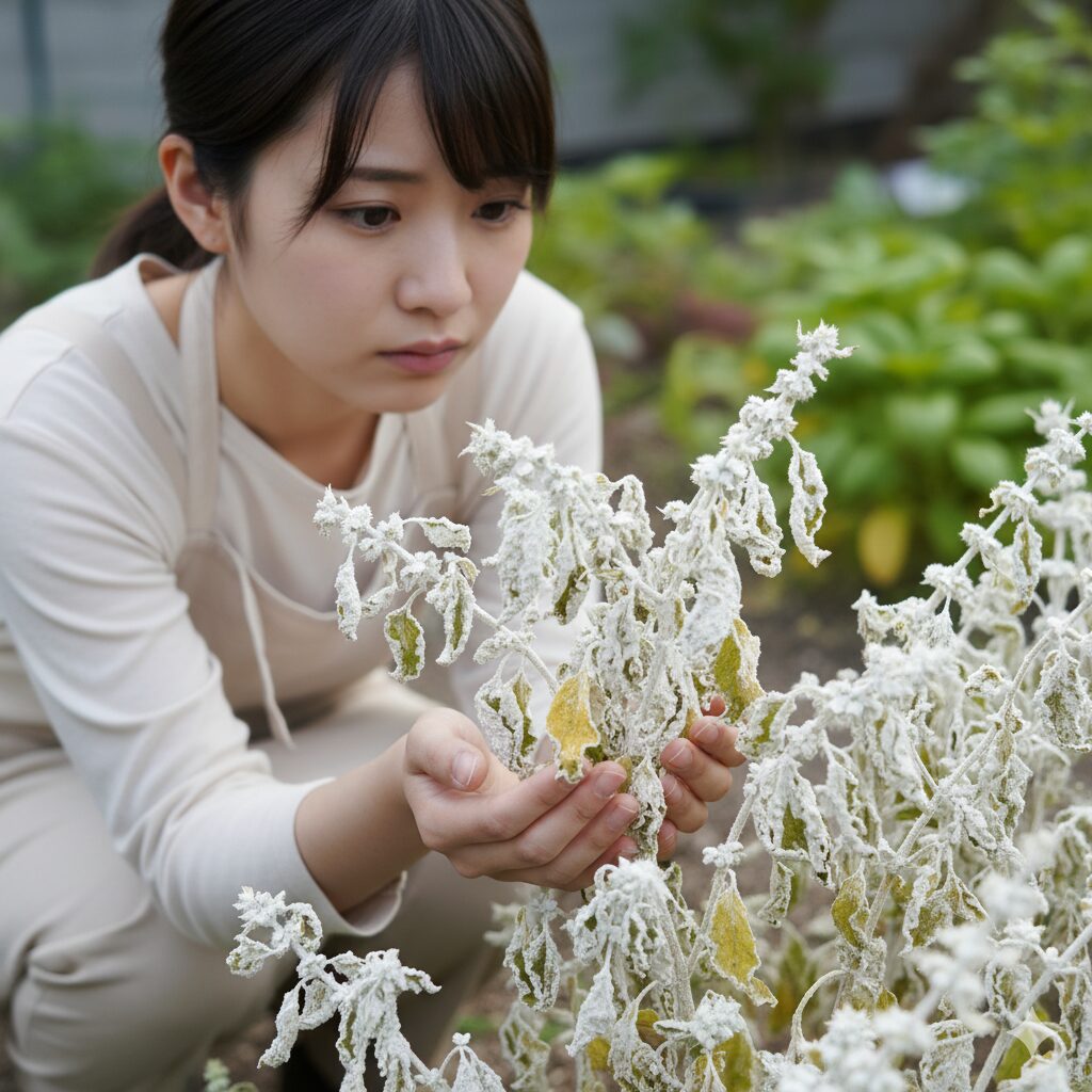 うどん粉病が進行し、葉全体が白い粉で覆われ、光合成ができず黄化・褐変した末期症状