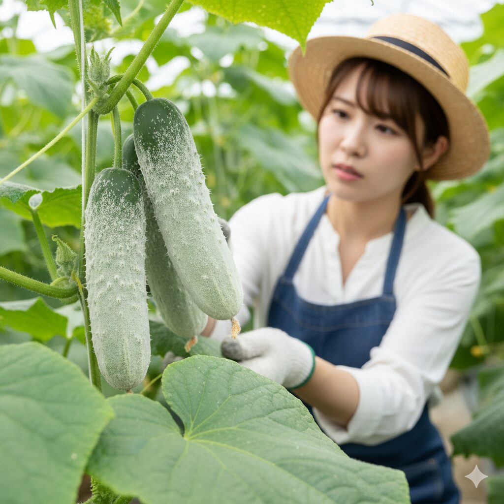 うどん粉病の白い粉に覆われてしまった収穫間近のキュウリの果実