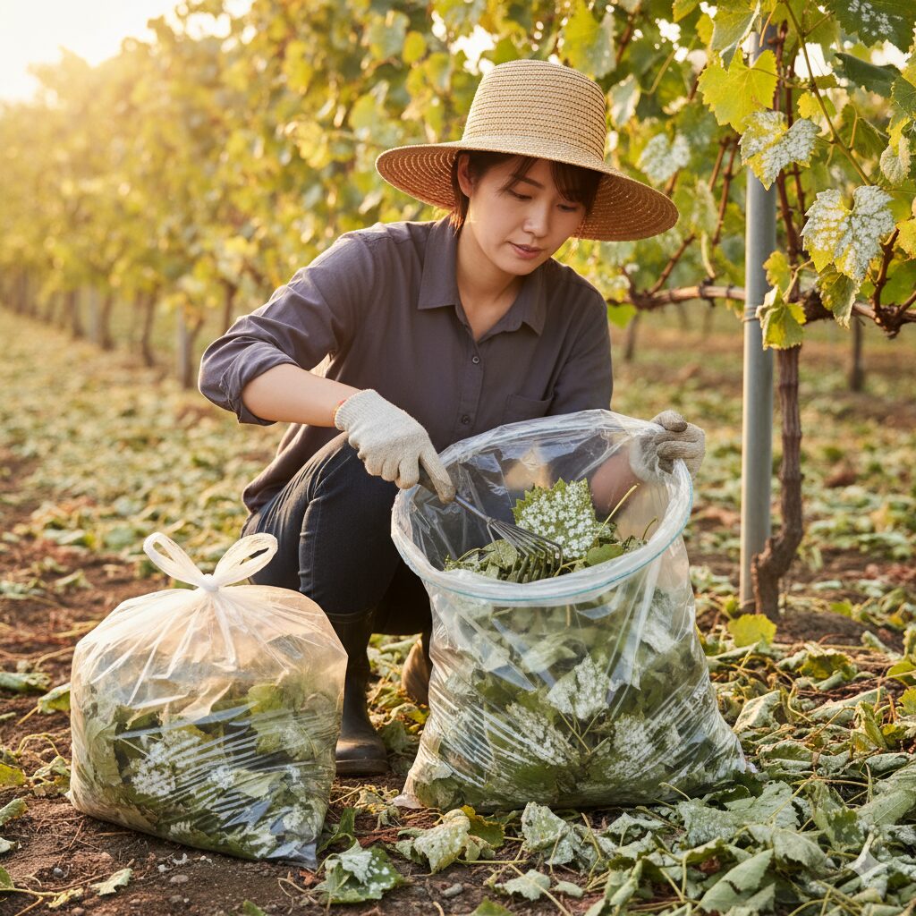 うどん粉病の発生源となる病気の落ち葉(被害残渣)を集めてビニール袋で処分する衛生管理