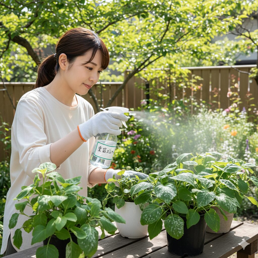 うどん粉病対策として、霧吹き(スプレーボトル)で重曹スプレーを葉に散布している様子