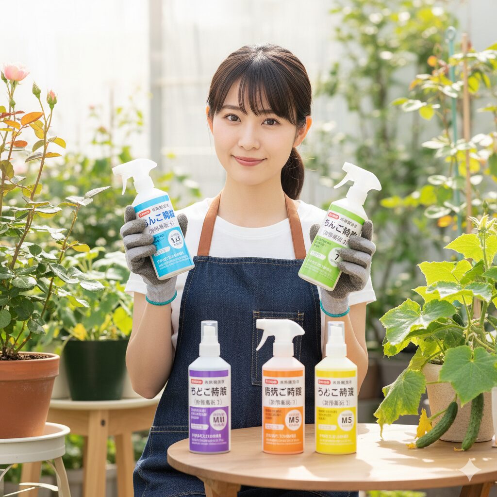 うどん粉病の薬剤耐性を防ぐための、作用系統が異なる複数の家庭園芸用殺菌剤(農薬)