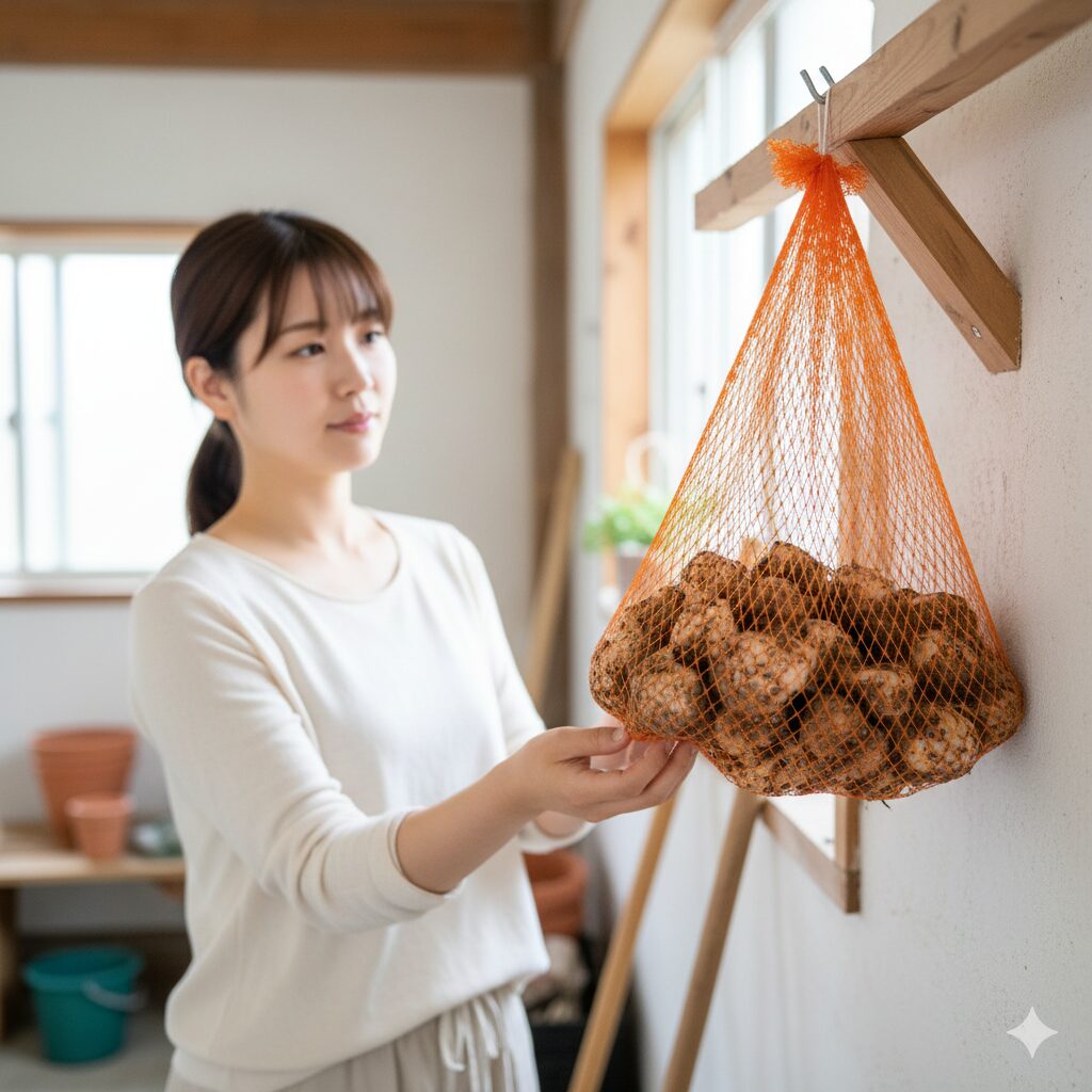 掘り上げて乾燥させるためにネットに入れたアネモネの球根