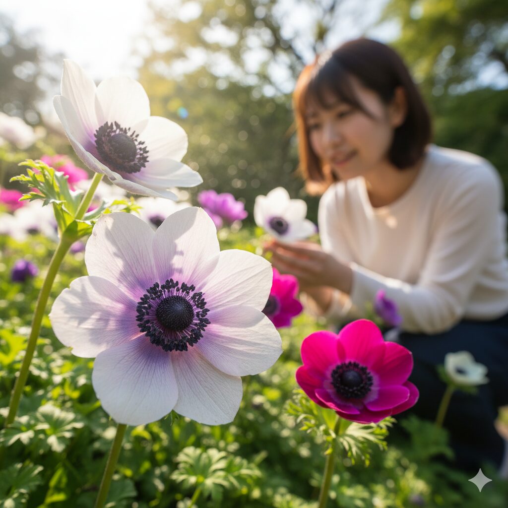春の陽光を浴びて咲くアネモネの花のアップ