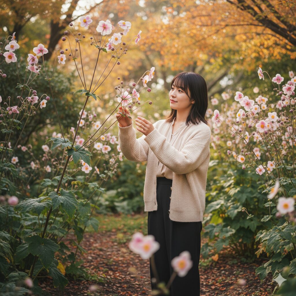 秋の庭で風に揺れる背の高いシュウメイギク