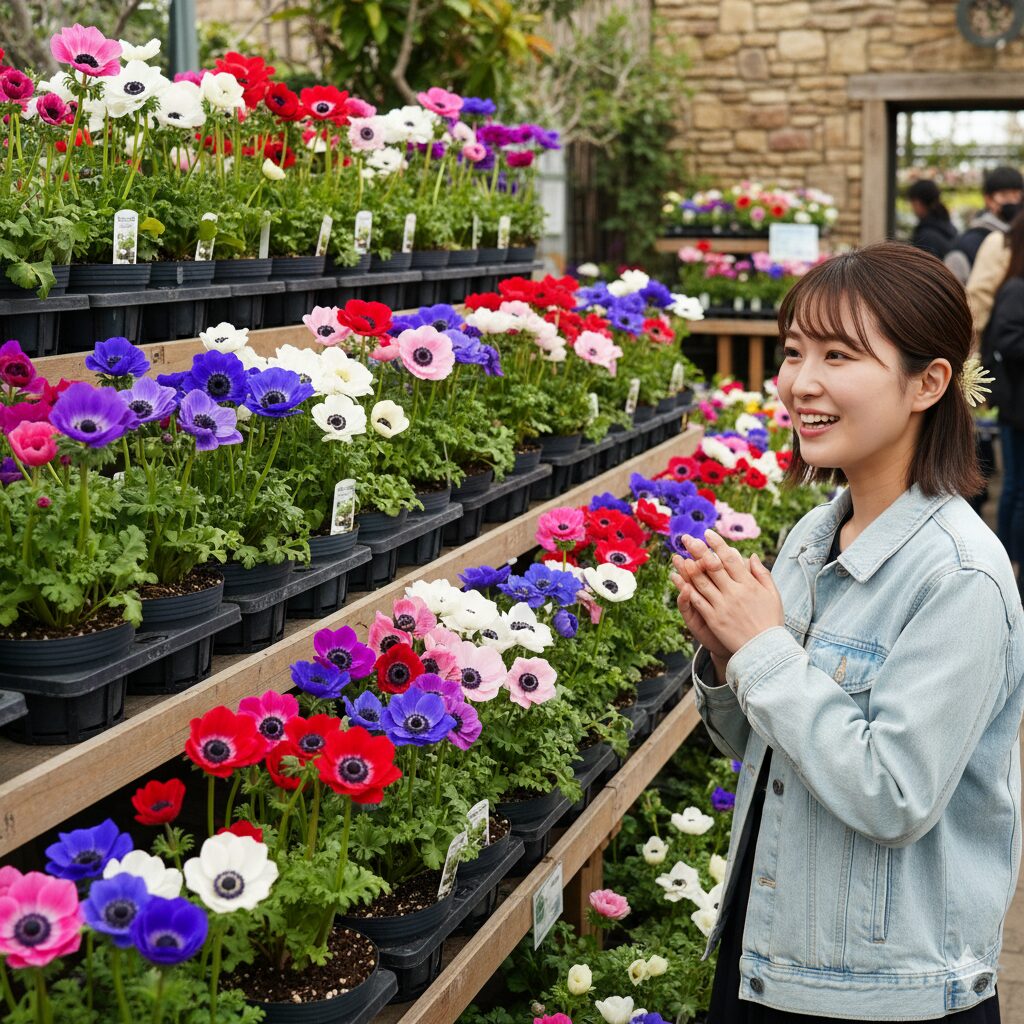 園芸店で販売されている開花済みのアネモネのポット苗