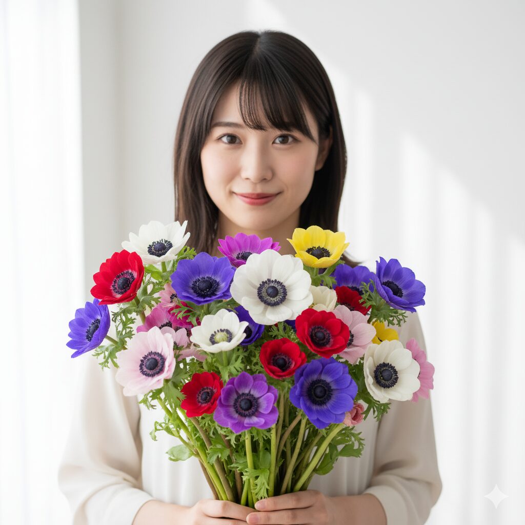 赤、白、紫、青のアネモネを束ねた美しいブーケ