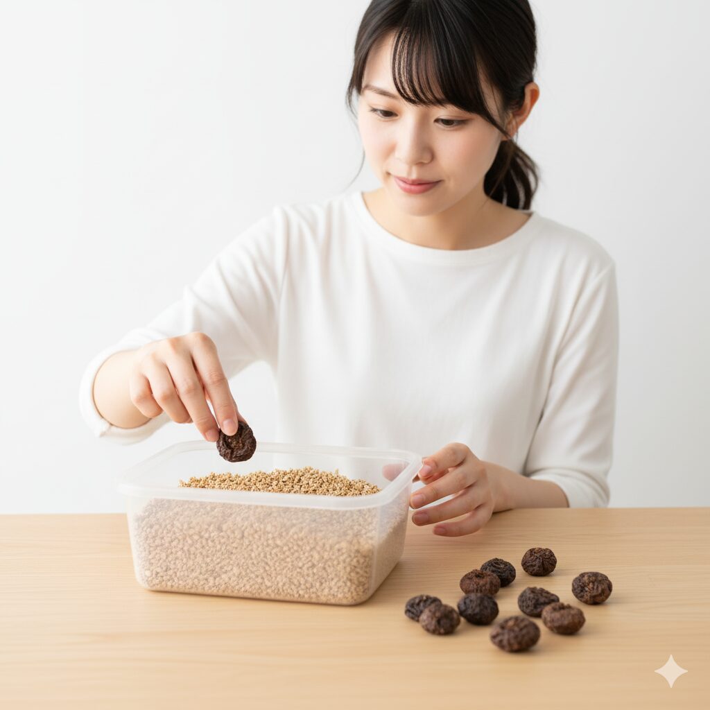 乾燥したアネモネの球根と吸水処理用のバーミキュライト