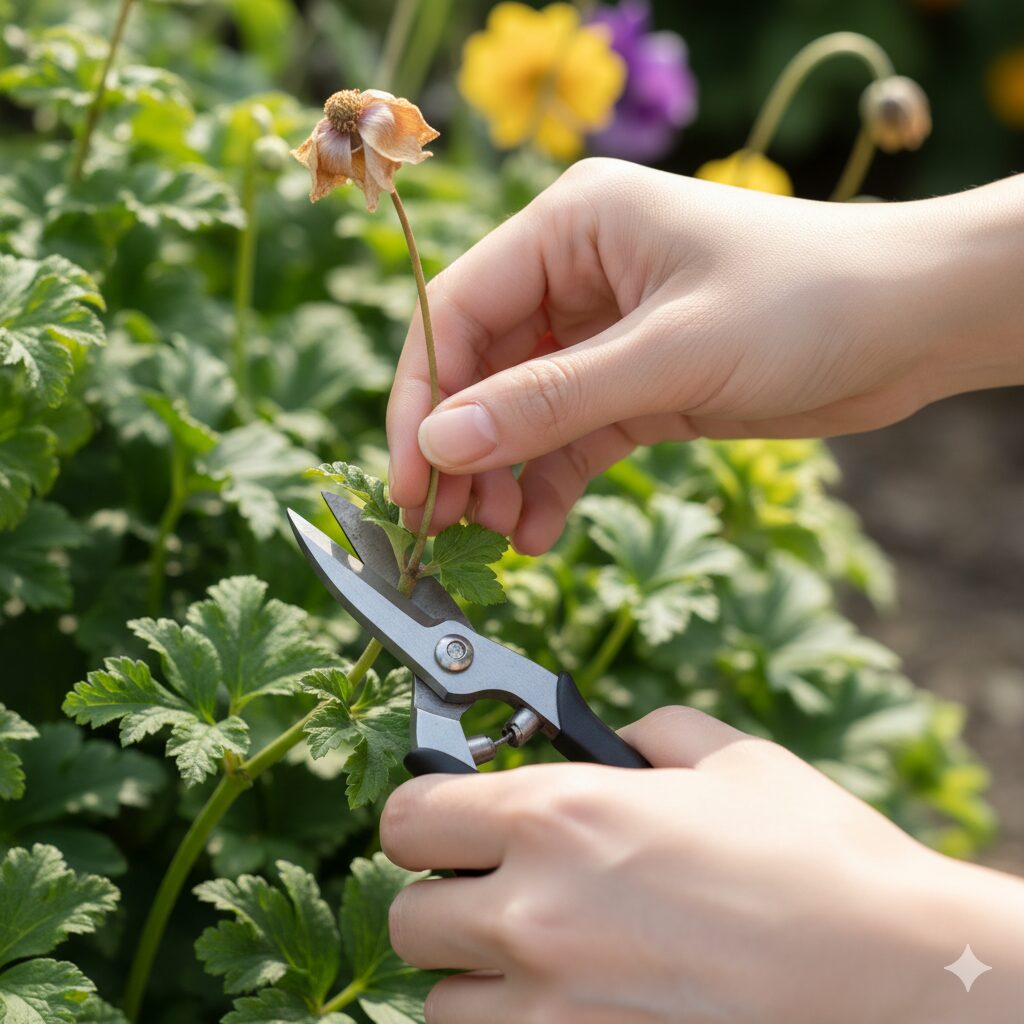 咲き終わったアネモネの花がらを根元から摘み取る手元