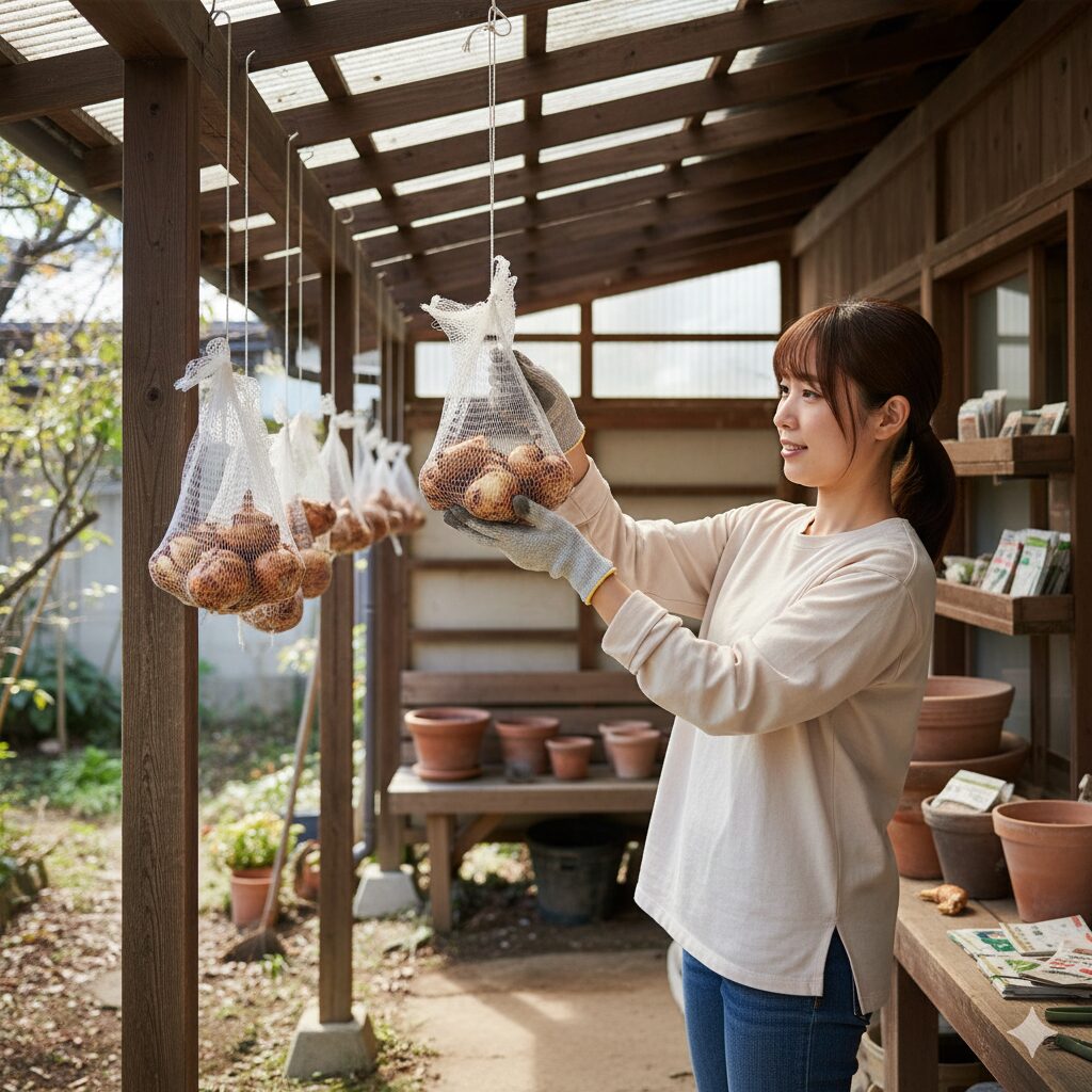 掘り上げたアネモネの球根をネットに入れて日陰で乾燥保存させている様子