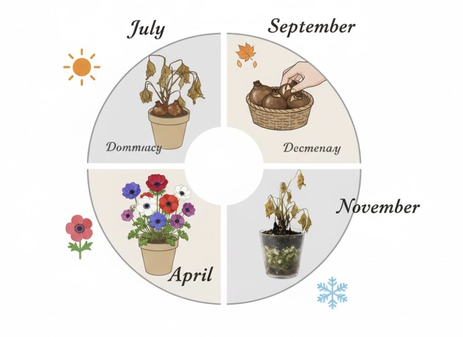 アネモネの栽培カレンダーと年間の成長サイクル図