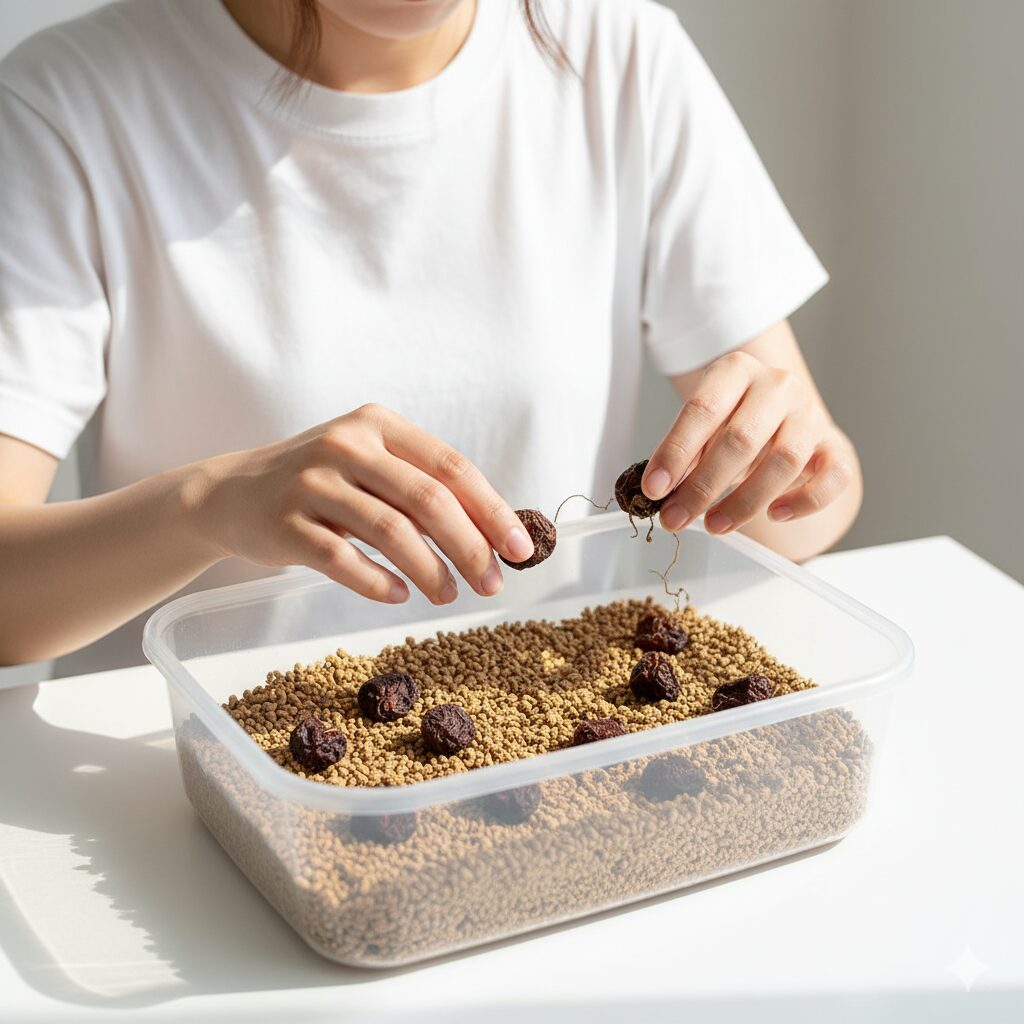 アネモネの球根をバーミキュライトでゆっくり吸水処理させている様子