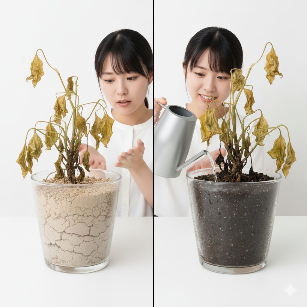 アネモネの水やりのタイミング 土が乾いてからたっぷり与える様子