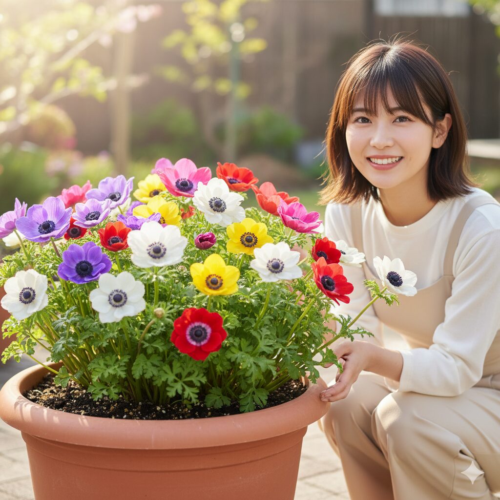 鉢植えでの適切な夏越し管理を経て、翌春に再び見事に開花したアネモネの寄せ植え。色とりどりのアネモネが生き生きと咲き誇り、読者に達成感と喜びを与えるようなポジティブなイメージ。