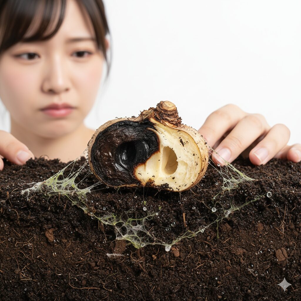 高温多湿な日本の夏の土壌で水分過多により腐敗していくアネモネの球根の断面図