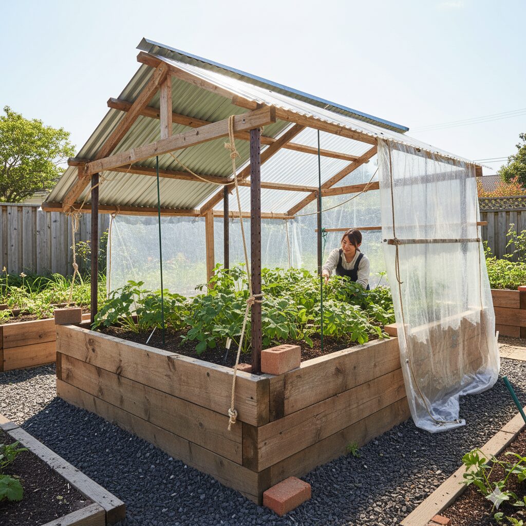 アネモネの地植え夏越しに必要な、雨を遮断するためのレイズドベッドと雨除け屋根の設備例