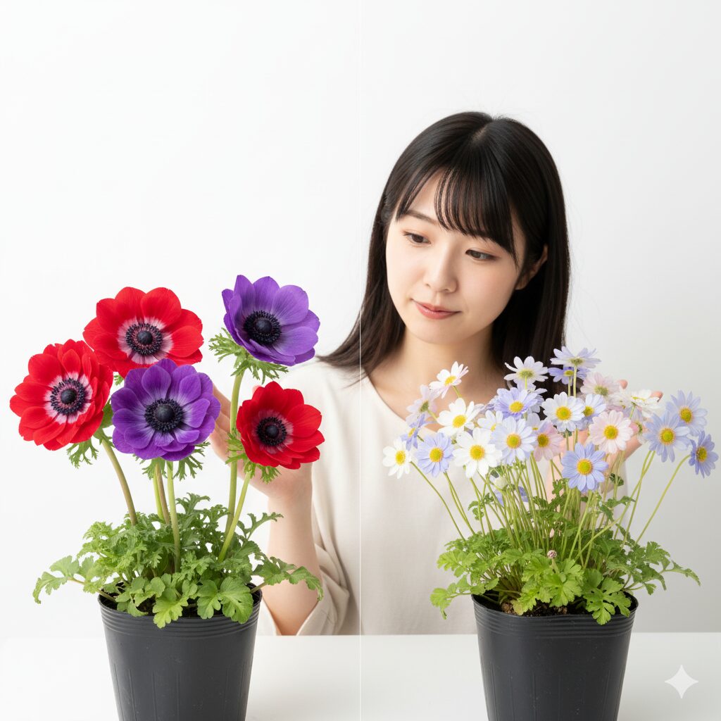 植えっぱなしが難しい大輪のアネモネ・コロナリアと、比較的容易な小輪のアネモネ・ブランダの比較