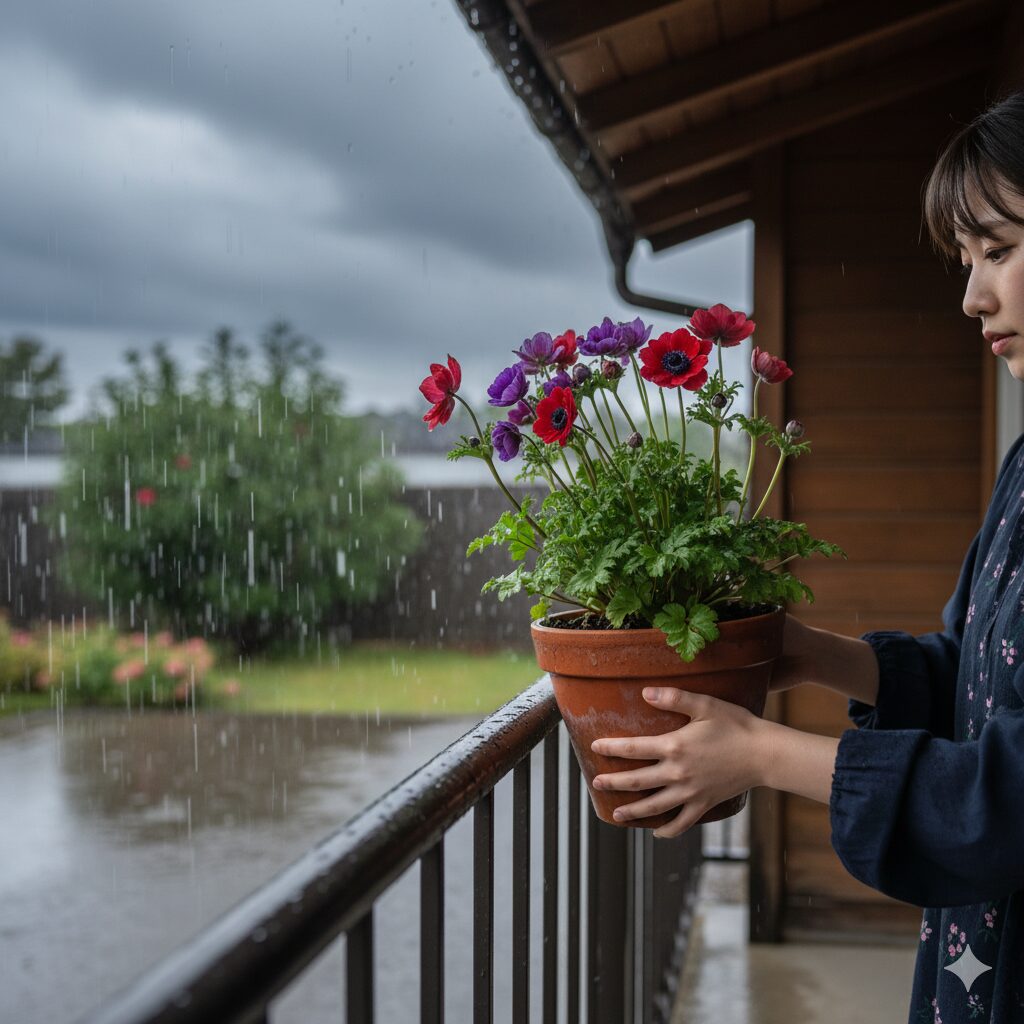 アネモネの夏越し対策として、鉢植えを雨の当たらない涼しい軒下へ移動させている様子