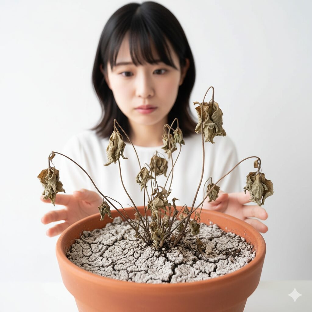 アネモネの夏越し休眠中における、完全に乾燥させて水分を絶った鉢土の状態