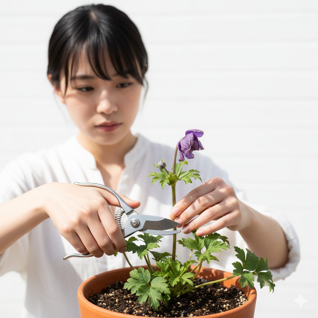 アネモネの種を作らせないための花がら摘みの手順・花茎の根元をカットする様子
