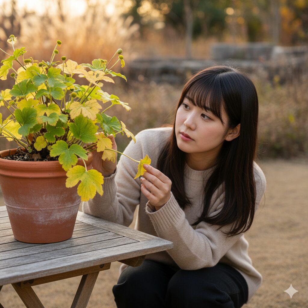 アネモネの葉が黄色く変色し休眠の準備に入った状態