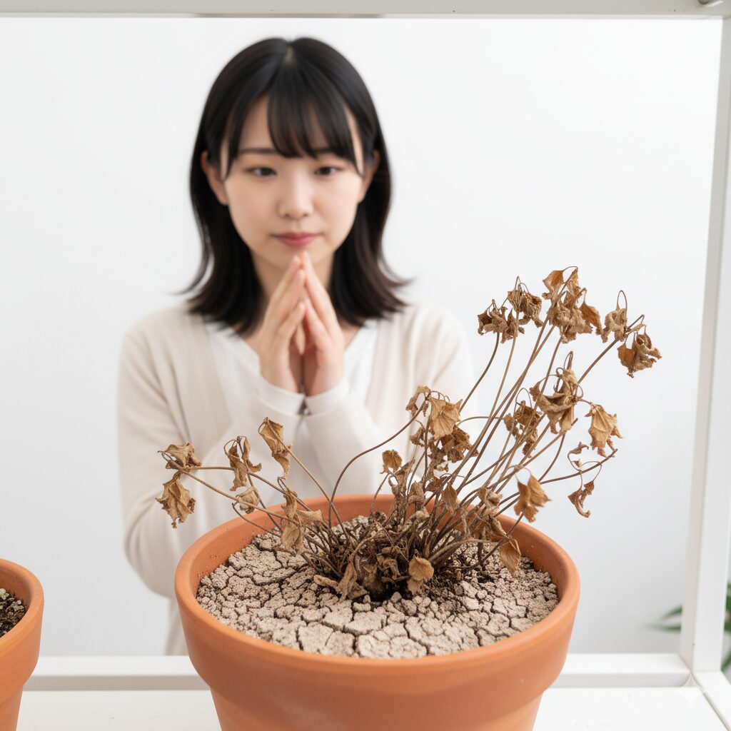 地上部が完全に枯れて休眠期に入ったアネモネと乾燥した土