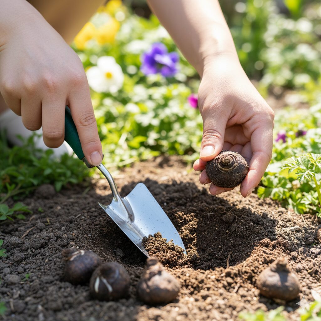 アネモネの球根を傷つけないように掘り上げる作業