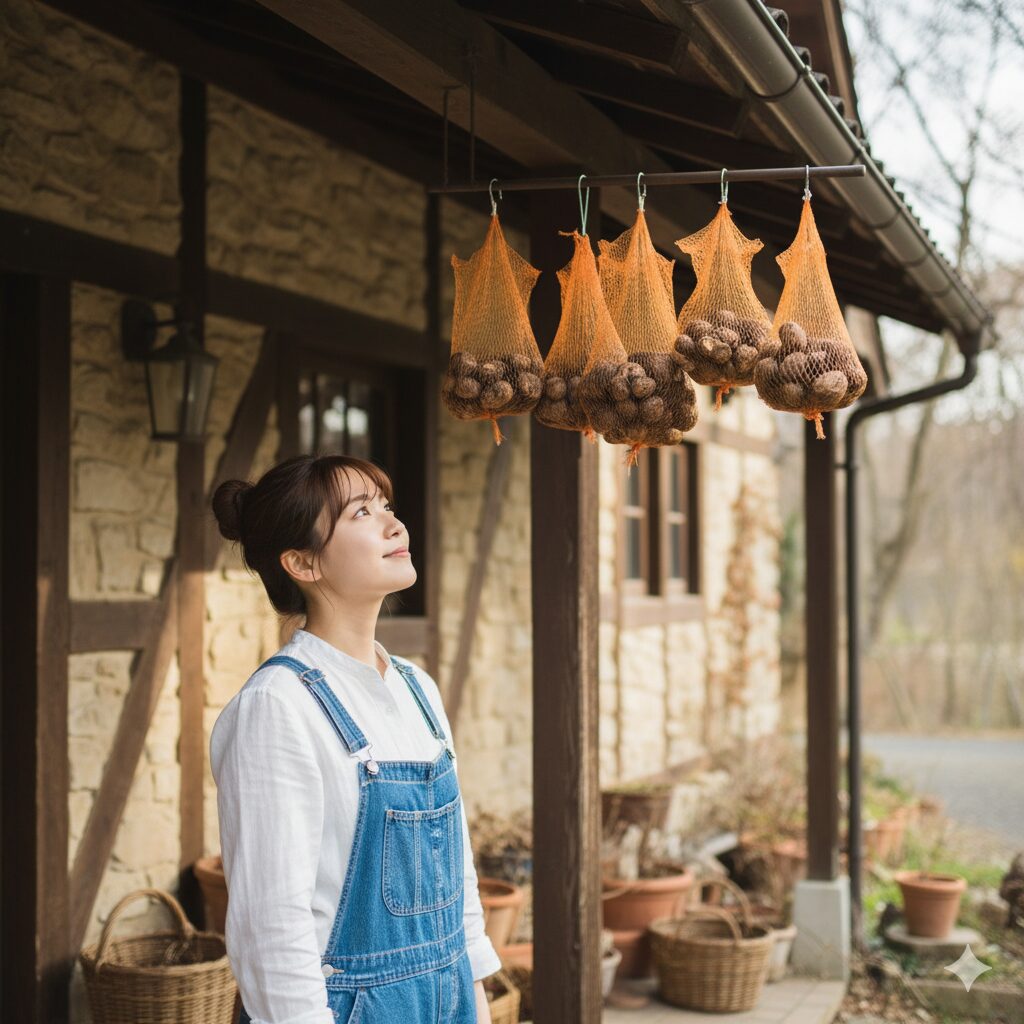 ネットに入れて風通しの良い日陰で乾燥保存されるアネモネの球根