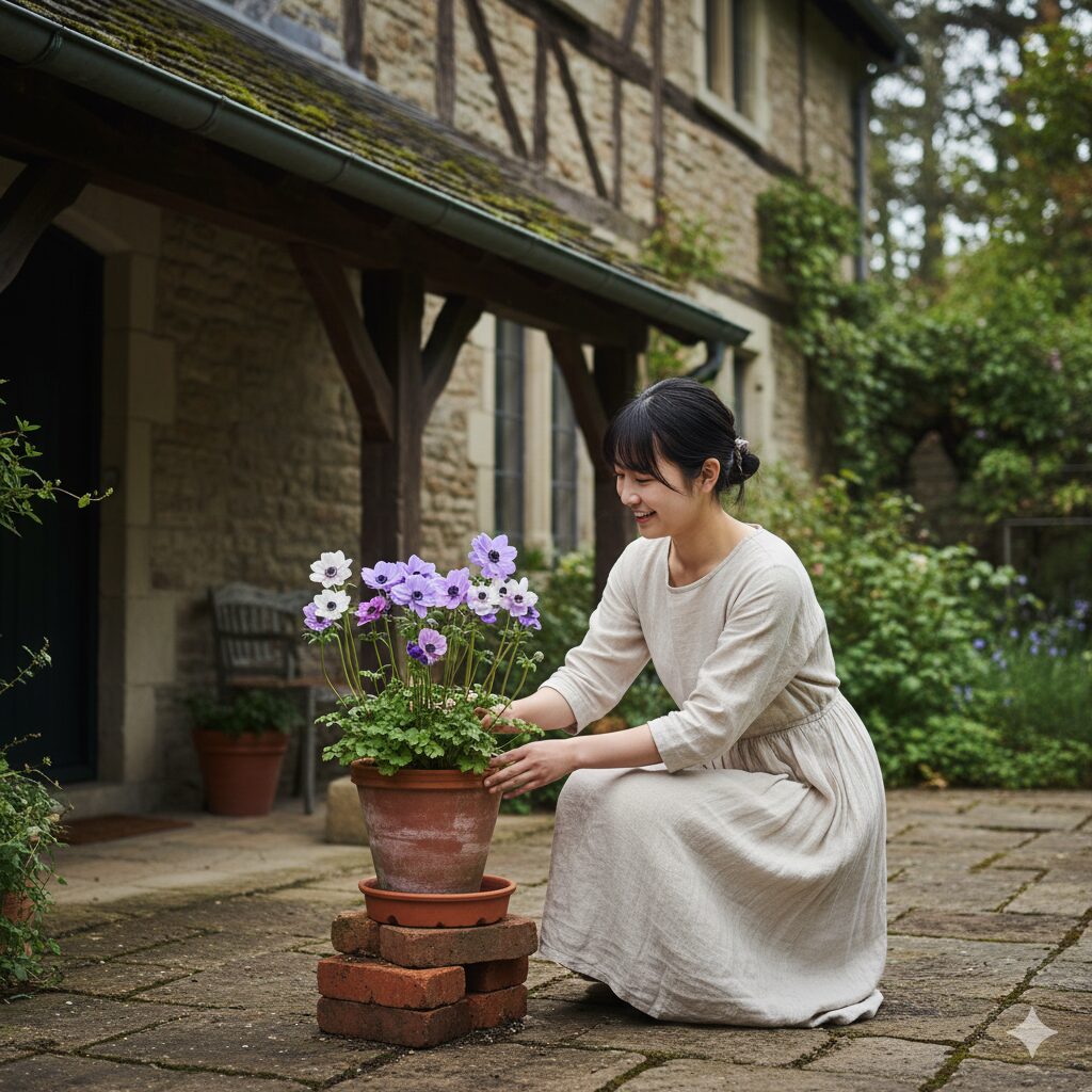 夏越しのための軒下の涼しい場所に移動しレンガの上に置かれた鉢植え