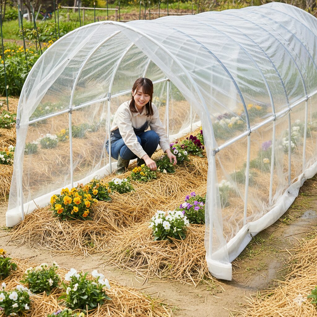 地植えのアネモネを雨から守るための簡易ビニールトンネルとマルチング