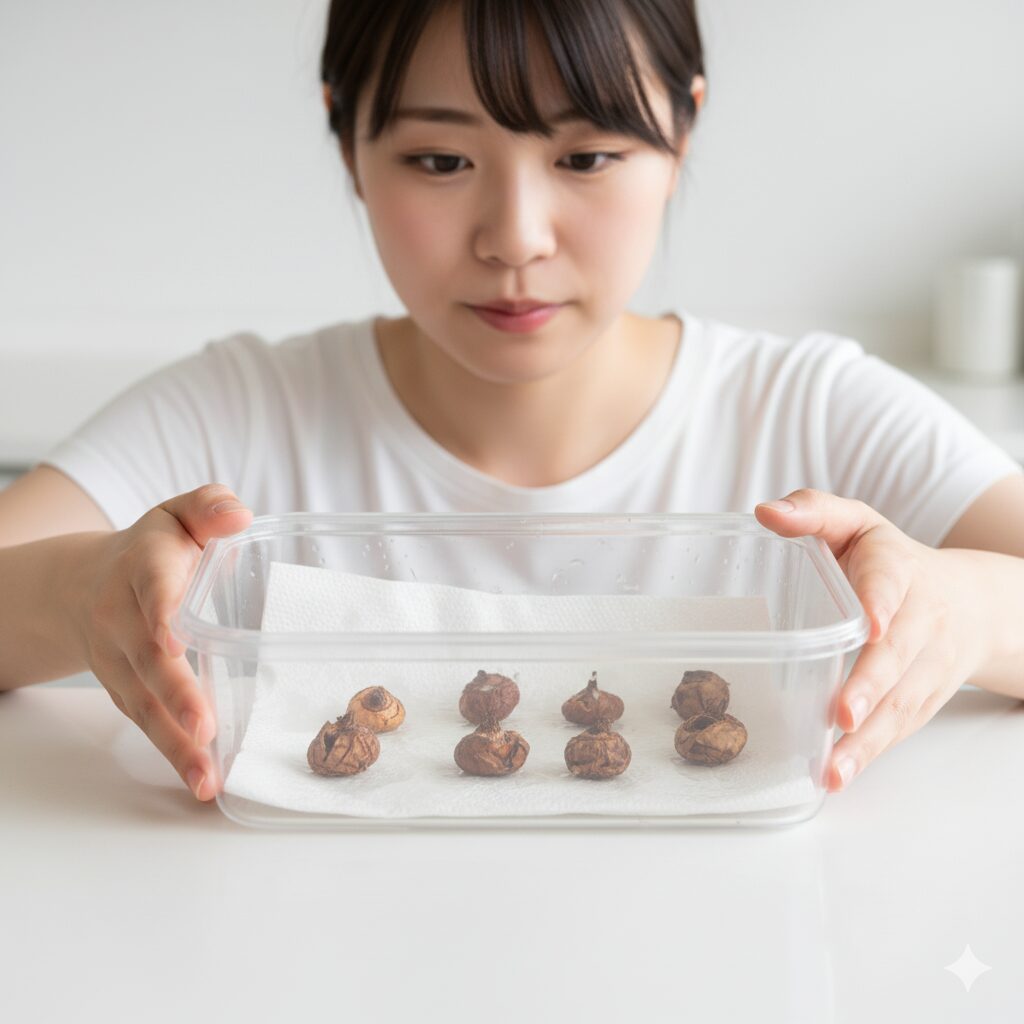 湿らせたキッチンペーパーの上でゆっくり吸水処理を行うアネモネの球根