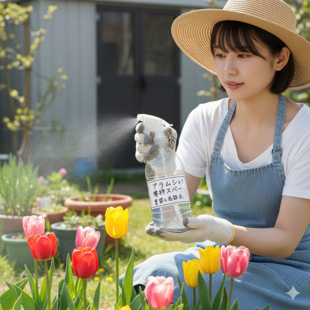 チューリップにいるアブラムシ撃退の重曹や石鹸水での手作りスプレー。若い日本人女性。