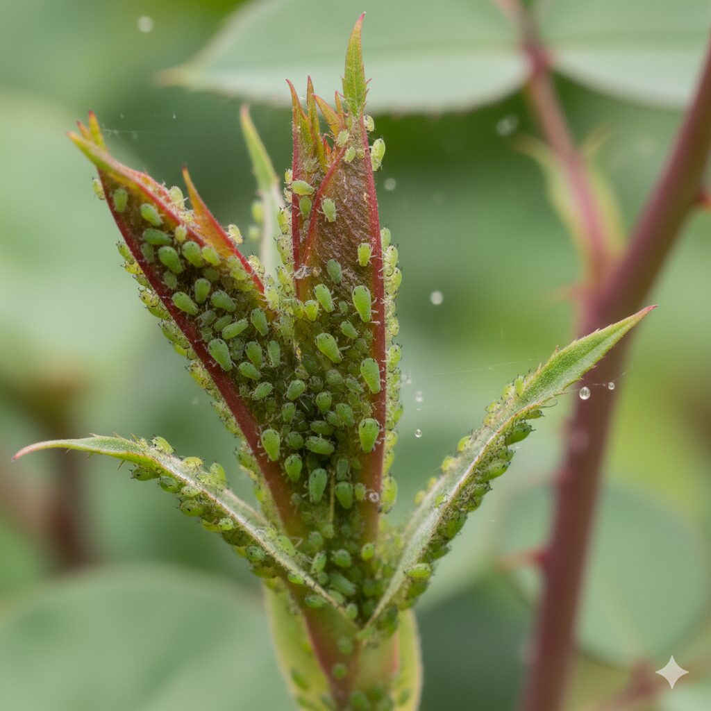 バラ（薔薇）の赤く若い新芽に、緑色のアブラムシがびっしりと群がっている様子を接写した写真。