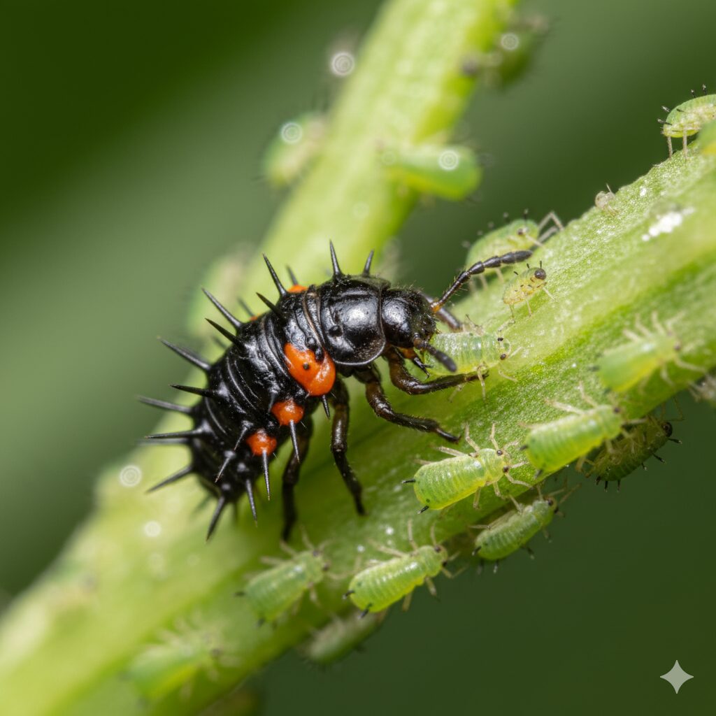 益虫であるテントウムシの幼虫（黒地にオレンジの模様でトゲトゲした姿）が、アブラムシを活発に捕食している瞬間のマクロ写真。