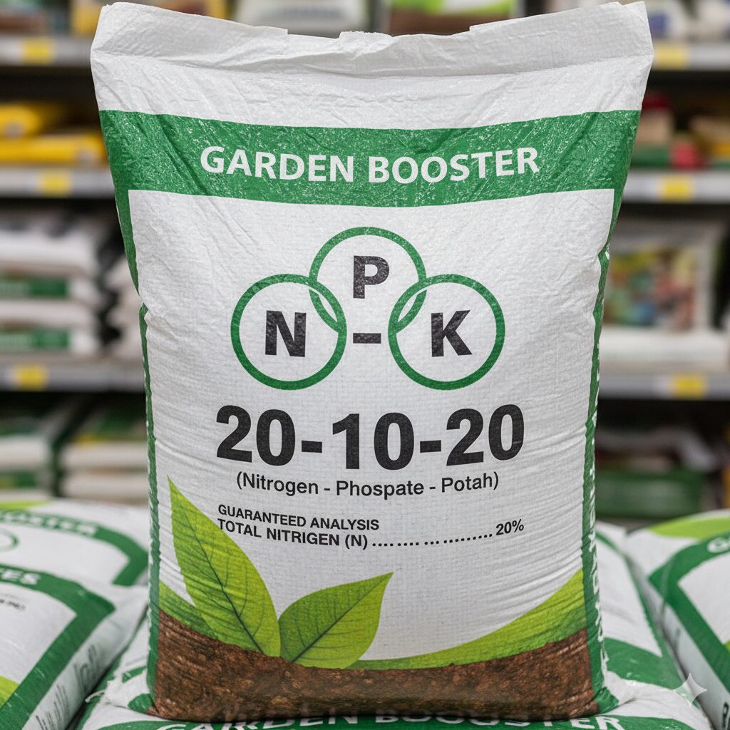 園芸用化学肥料の袋に表示されている「N-P-K」（窒素-リン酸-カリ）の成分比率の例を示すクローズアップ写真。