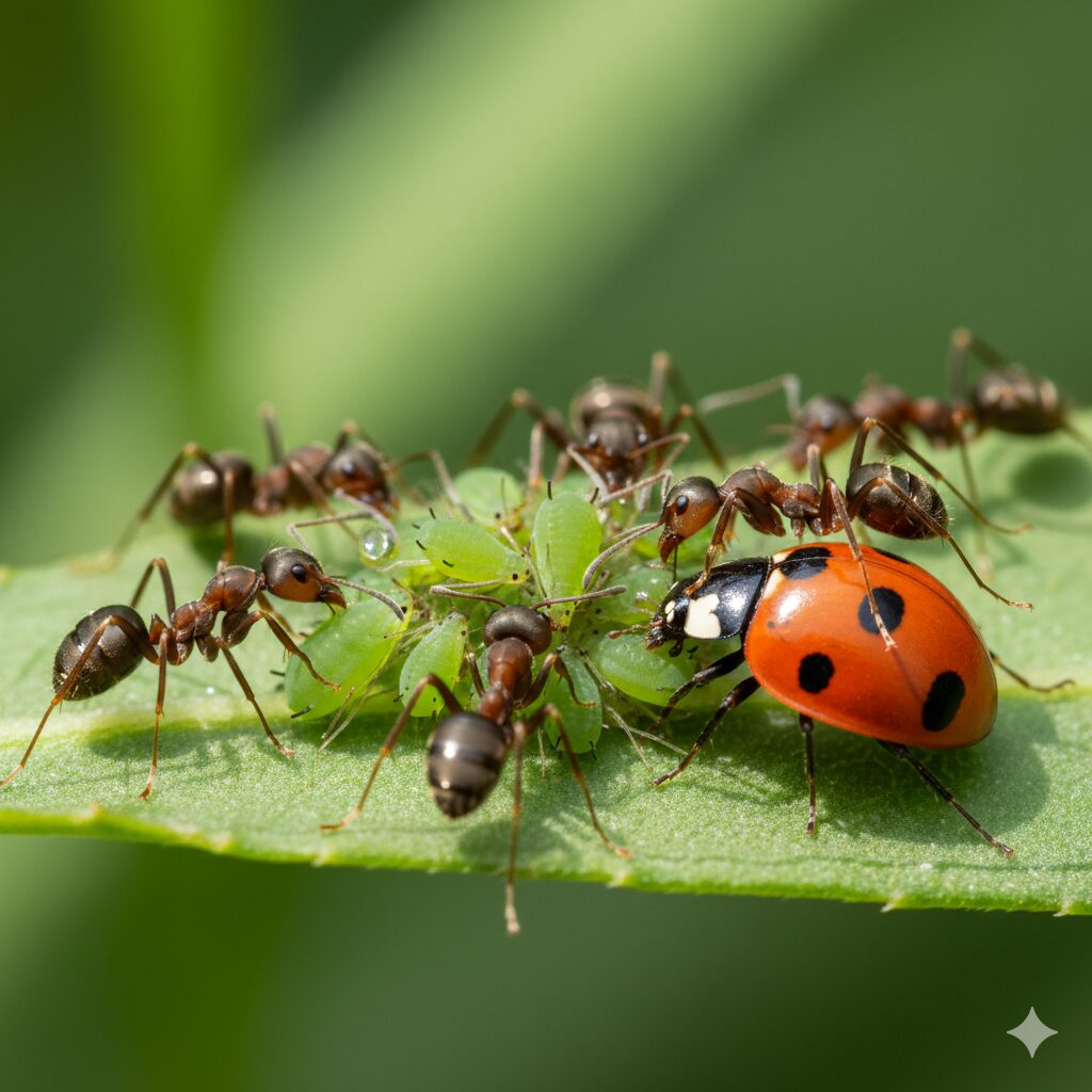 アブラムシの出す甘露（かんろ）に集まるアリと、アブラムシの天敵であるテントウムシをアリが攻撃して追い払う「共生関係」を示すイラスト。
