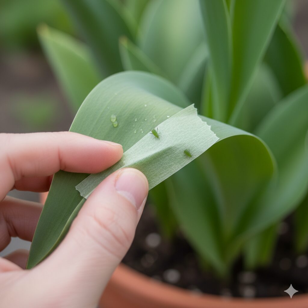 スプレーボトル（霧吹き）を使い、植物の葉についたアブラムシを水の勢いで優しく洗い流している手元の写真。