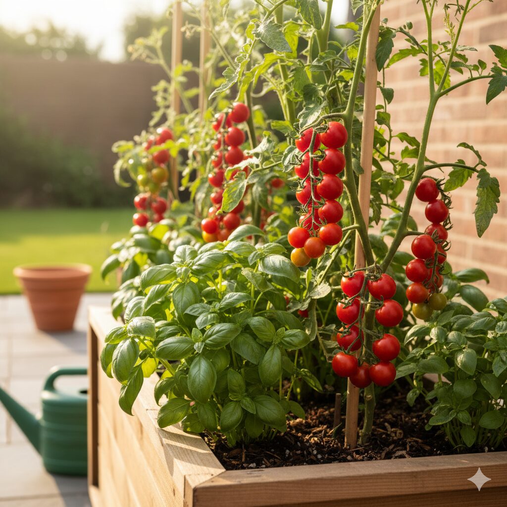 家庭菜園のプランターで、赤く実ったトマトと、アブラムシ予防のコンパニオンプランツであるバジルが一緒に元気に育っている写真。
