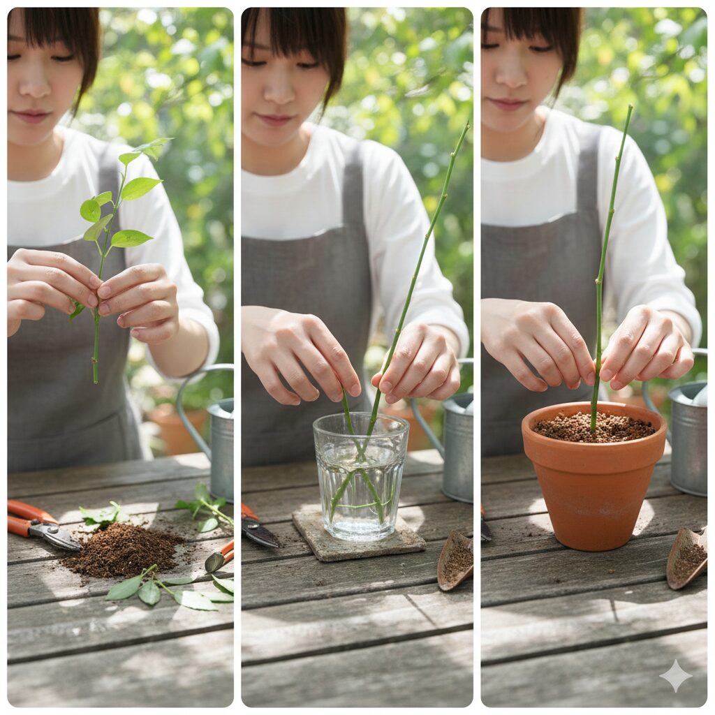 切り戻した茎を活用したウィンターコスモスの挿し木（挿し穂作り）の手順