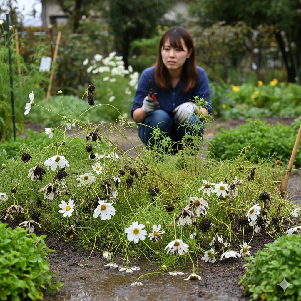 伸びすぎて雨風で倒伏し泥で汚れたウィンターコスモスの失敗例