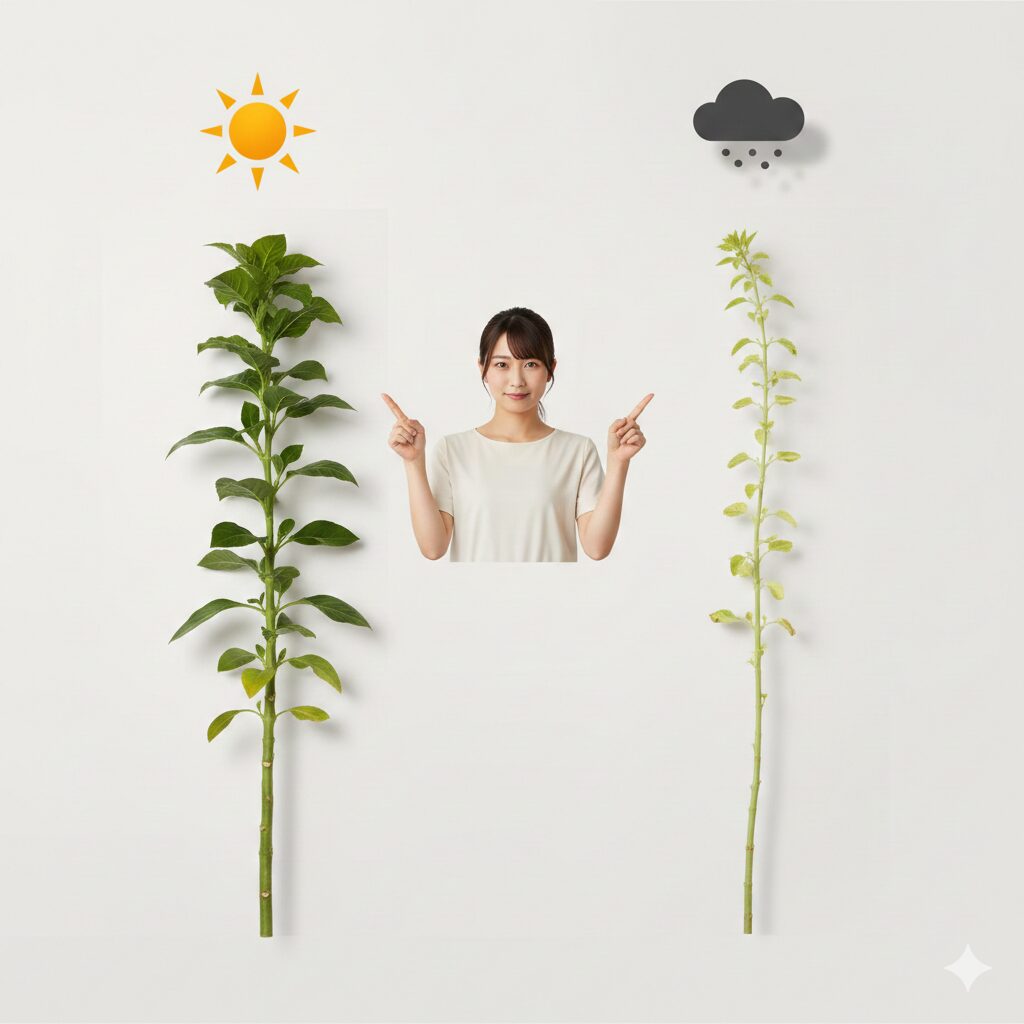 ウィンターコスモス 伸びすぎ　日照不足による徒長茎と健康な茎の節間の長さ比較図解