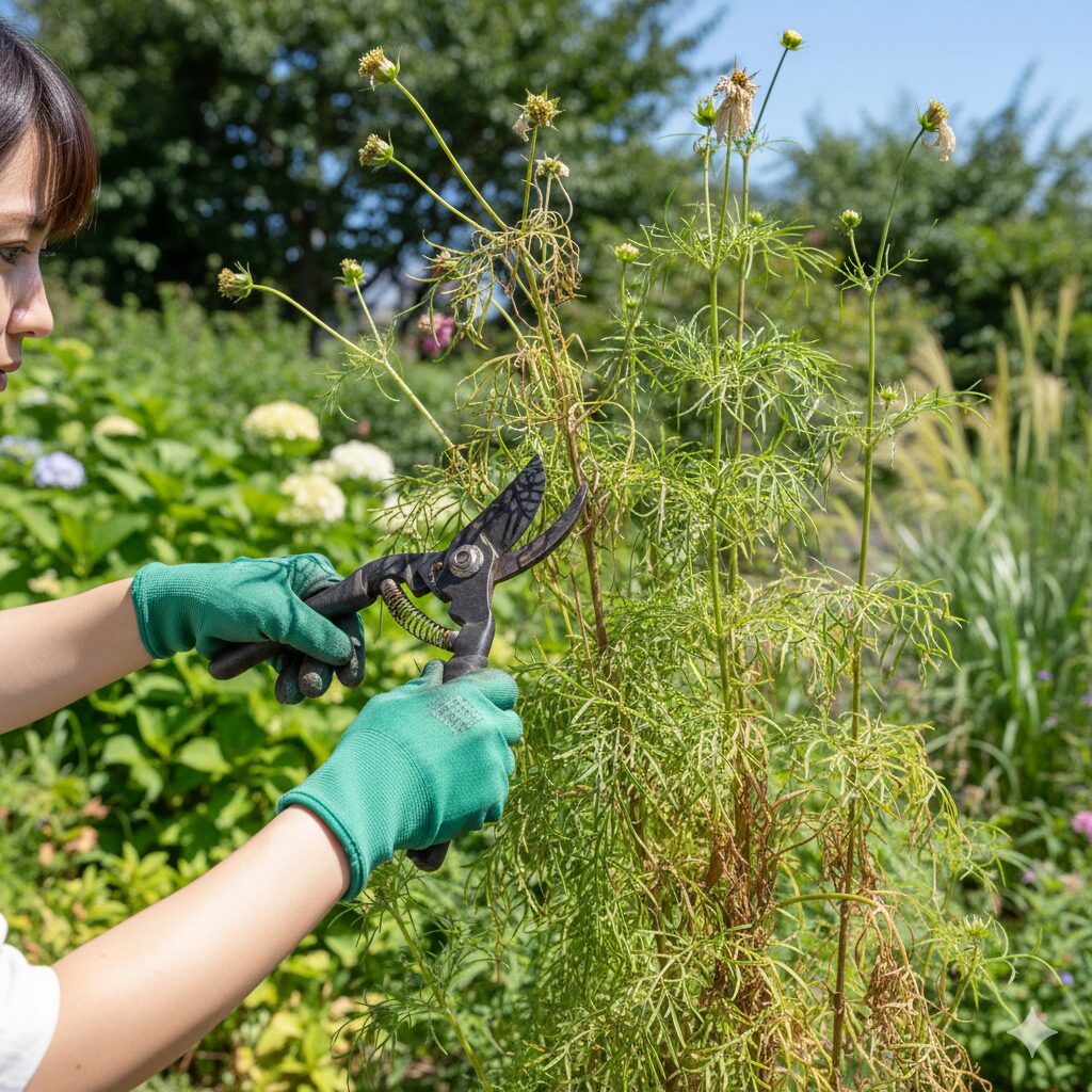 7月に行うウィンターコスモスの切り戻し剪定の作業風景