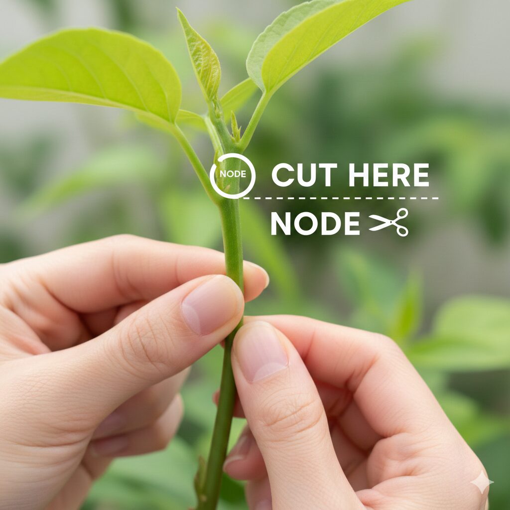 枯れ込みを防ぐ正しい剪定位置：節の5mm上を切る図解