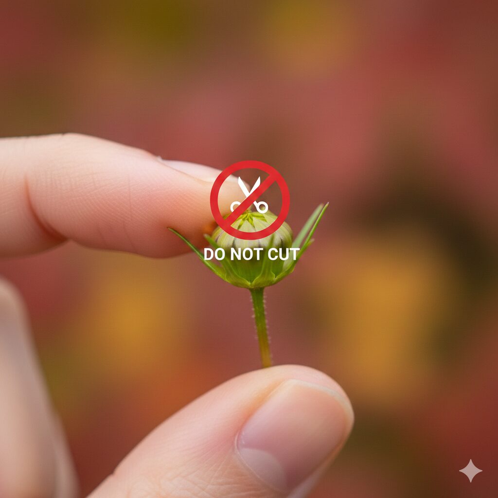 ウィンターコスモス 伸びすぎ　秋に形成される花芽を切らないための注意喚起イメージ